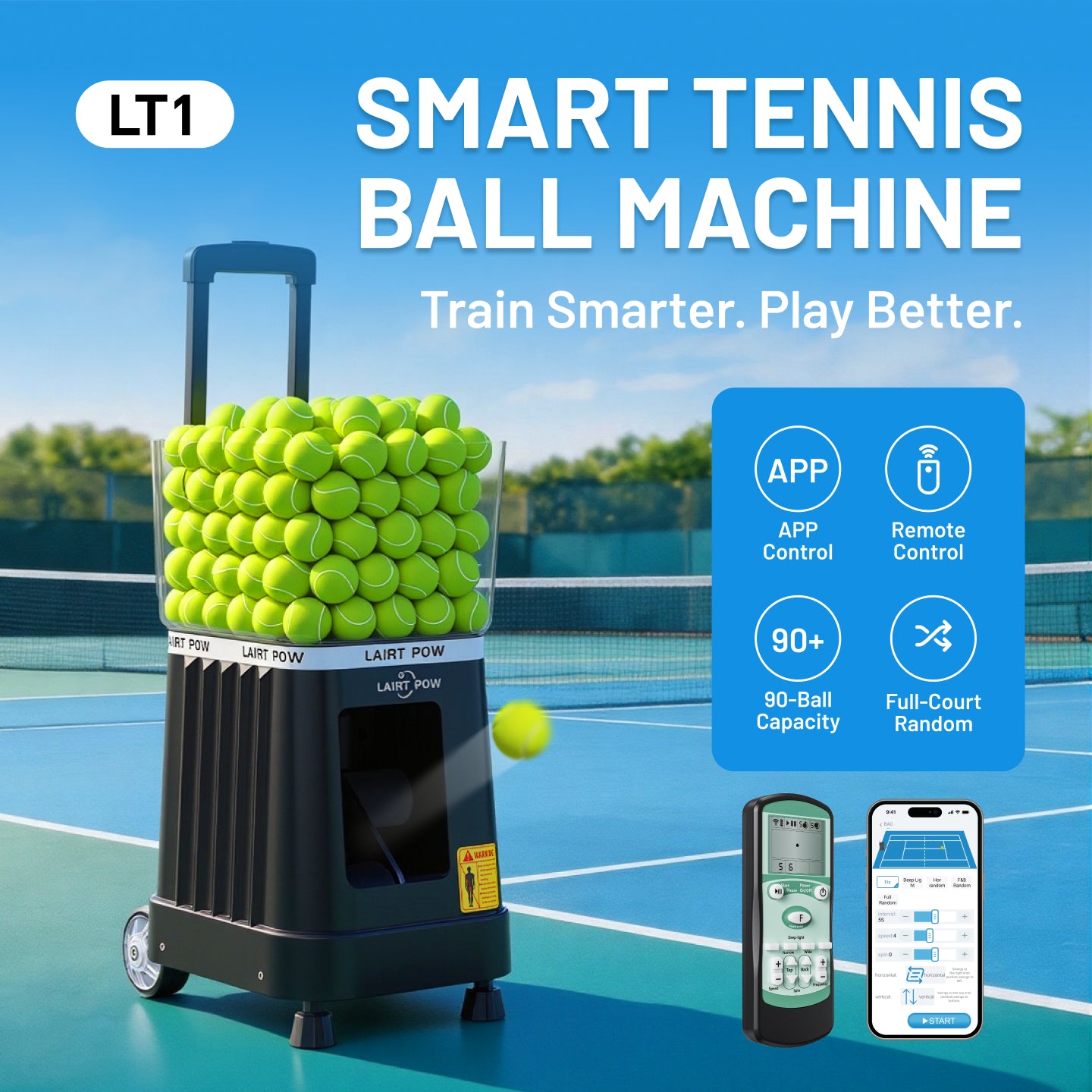 LAIRTPOW เครื่องยิงลูกเทนนิส LT1 Tennis Ball Machine บรรจุลูกเทนนิสได้มากกว่า 90 ลูก รองรับการควบคุมผ่านแอปพลิเคชันและรีโมทคอนโทรล