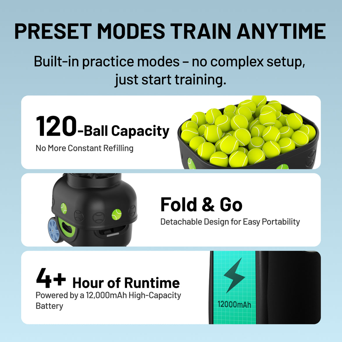 Lairtpow LT3 Tennis ball Machine ควบคุมผ่านแอปพลิเคชันและรีโมท 120ลูก+ พร้อมแบตเตอรี่ในตัว 12000mAh สำหรับเล่นเทนนิส
